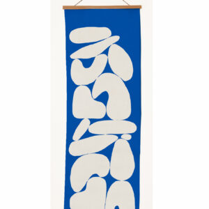 Blue and white modern abstract wall hanging with organic shapes.