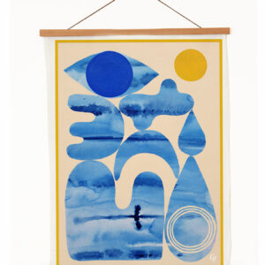 Abstract blue and yellow watercolor painting with geometric shapes.