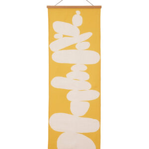 Abstract art featuring stacked white shapes on a yellow background.
