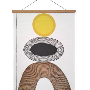 Abstract wall hanging with circular and arch shapes in earthy tones.