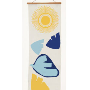 Abstract wall hanging with sun and leaf shapes in blue and yellow.