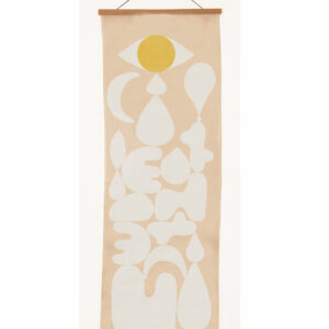 Abstract beige and white wall hanging with a yellow circle.
