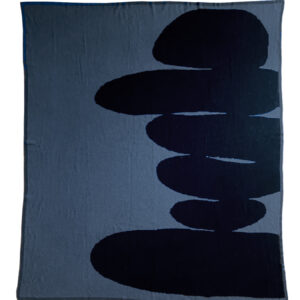 Abstract black shapes on a dark blue background.