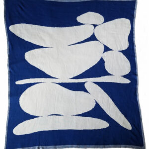 Abstract white shapes arranged on a dark blue background.