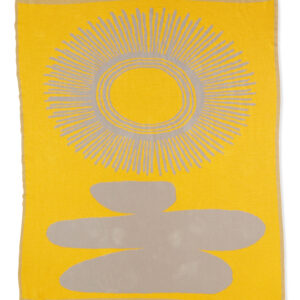 Abstract yellow and gray artwork with sun and cloud motifs.