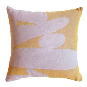 Square pillow with abstract yellow and white pattern.