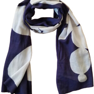 Elegant navy and white scarf with circular patterns.
