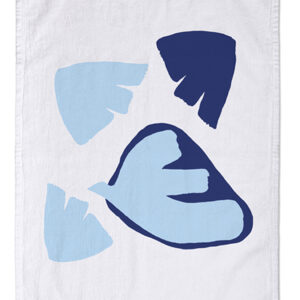 Abstract blue and navy shapes on a white background.