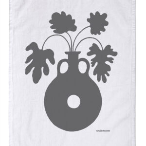 Minimalist black silhouette of a vase with flowers on a white background.