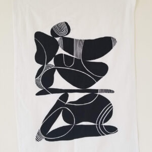 Abstract black shapes on a white canvas with textured lines.