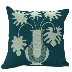 Decorative cushion with a vase and leaf pattern in blue and beige.