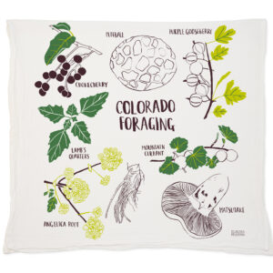 Illustrated cloth featuring Colorado foraging plants and fungi.