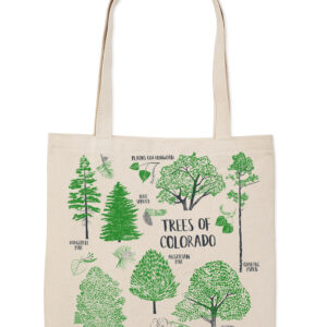 Beige tote bag with green tree illustrations and 'Trees of Colorado' text.