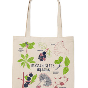 A tote bag featuring illustrations of Massachusetts native plants and fruits.