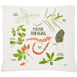 A white pillow with illustrations of Maine foraging plants and berries.