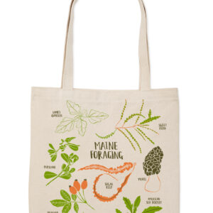 A beige tote bag with botanical illustrations and the phrase 'PLANTS ARE FRIENDS'.
