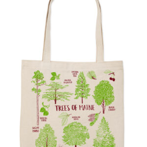A tote bag featuring various illustrated trees and their names.