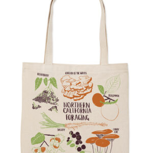 A natural beige tote bag with colorful botanical designs and text.