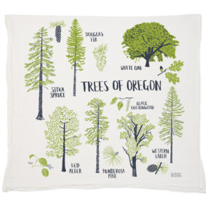 Illustration of six different tree species found in Oregon.