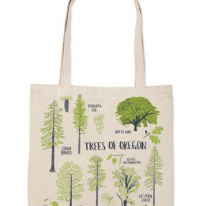 Tote bag with illustrations of Oregon trees.