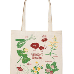 A beige tote bag with colorful botanical illustrations and the text "ANTHONY NURSERY."