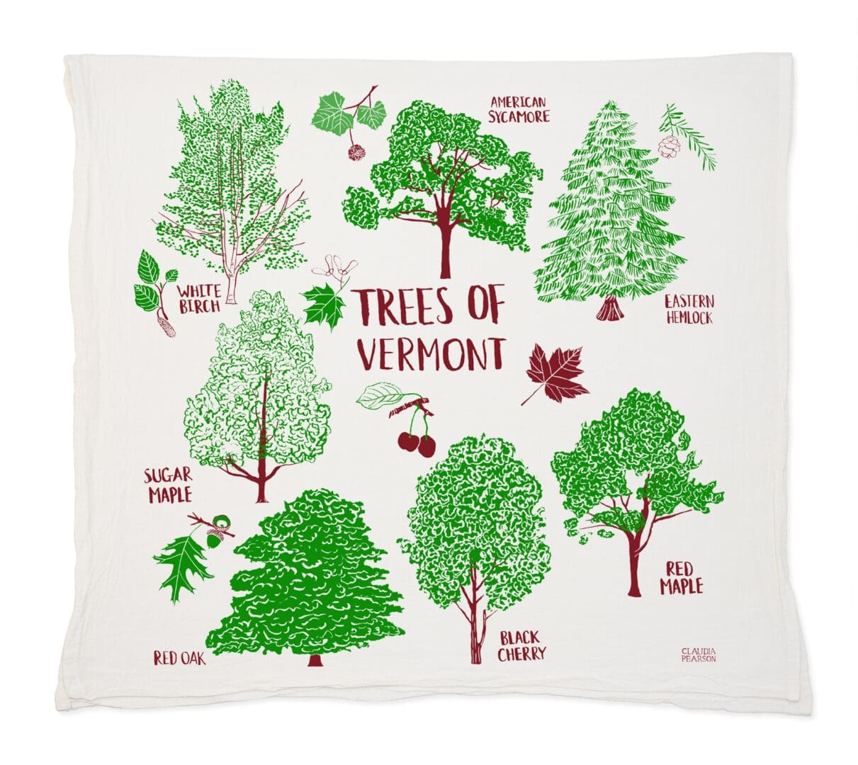 Illustrated map of Vermont's native trees with colorful leaves.