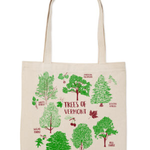 Canvas tote bag featuring illustrated tree types with names.