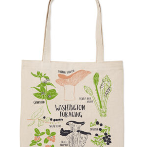 Canvas tote bag with botanical illustrations and plant names.