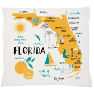 Colorful illustrated map of Florida with landmarks and icons.