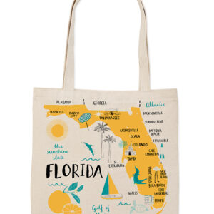 A tote bag featuring a colorful Florida map design with landmarks.