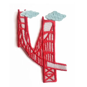 Illustration of the Golden Gate Bridge in red with clouds.