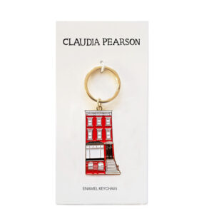 Keychain with a red phone booth design by Claudia Pearson.