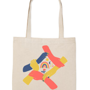 Beige tote bag with colorful abstract design on front.
