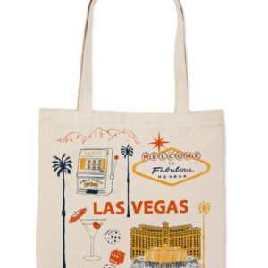 Beige tote bag with colorful Las Vegas-themed illustrations and icons.