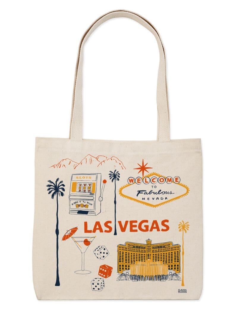 Beige tote bag with colorful Las Vegas-themed illustrations and icons.