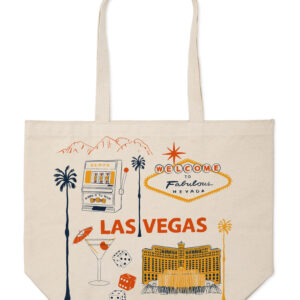 Beige tote bag featuring colorful Las Vegas-themed illustrations and text.