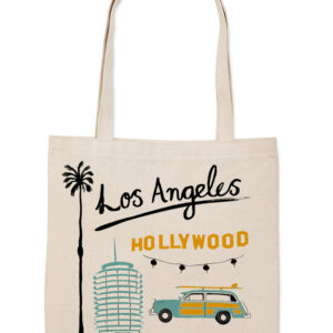 A tote bag featuring Los Angeles landmarks and a vintage car illustration.
