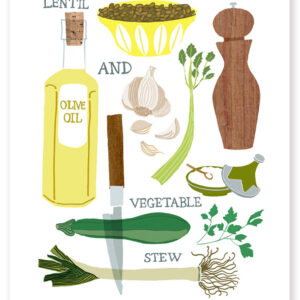 Illustration of ingredients for a vegetable stew, including olive oil, garlic, pepper, and various vegetables.