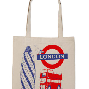 Beige tote bag with London-themed illustrations including a red bus and Underground sign.