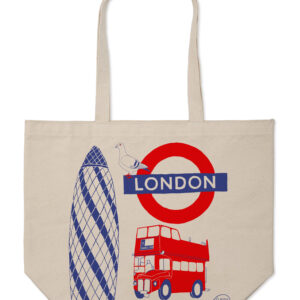 Beige tote bag with London-themed design featuring a surfboard, double-decker bus, and Underground logo.