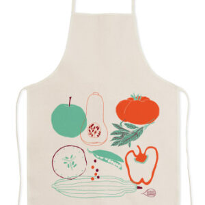 White apron with colorful vegetable illustrations.