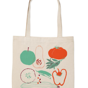 Canvas tote bag with colorful fruit and vegetable illustrations.