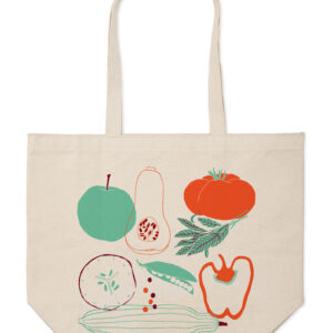 Canvas tote bag with colorful vegetable illustrations.