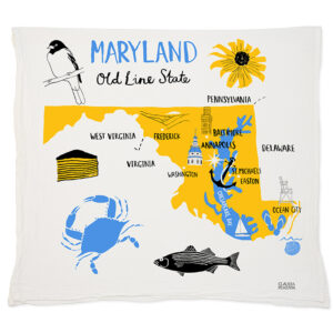 Illustrated Maryland map with symbols like crab, fish, and sunflower.