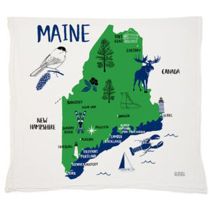 Decorative pillow featuring a map of Maine with landmarks and symbols.