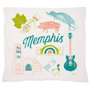 Decorative Memphis-themed pillow with colorful illustrations.