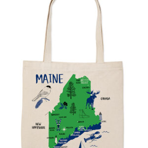 Tote bag featuring a colorful Maine state map with landmarks and icons.