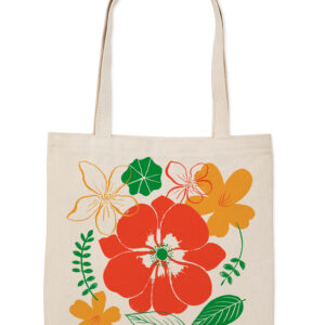 Beige tote bag with colorful floral design including red, orange, and green elements.