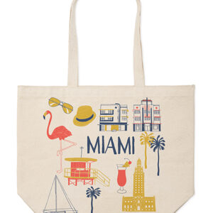 Beige tote bag with colorful Miami-themed illustrations and text.