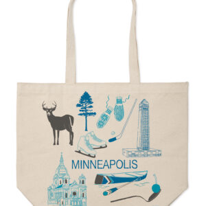Beige tote bag featuring Minneapolis-themed blue illustrations and icons.